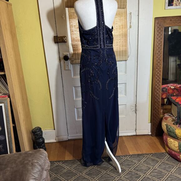 Adrianna Papell Women’s 10 Navy Beaded Sequin Mesh Formal Maxi Evening Gown - Picture 4 of 16